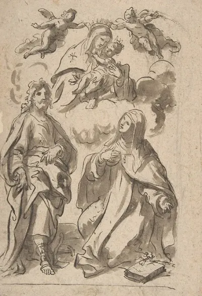 A Male And A Female Saint Adoring The Virgin And Child In Glory