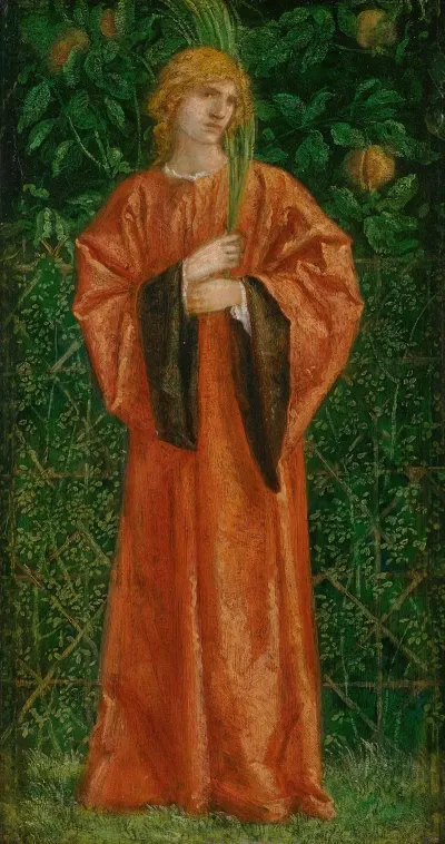 A Male Figure Dressed In Orange Holding A Palm
