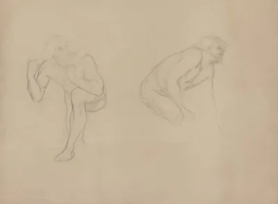A Male Nude In A Bent Position With His Left Leg Raised Carrying An Object On His Shoulder Next To Him A Crouching Male Nude To The Right
