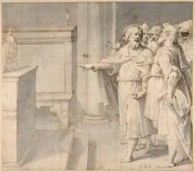 A Male Saint Followed By A Group Of Men Pointing To A Monstrance On An Altar