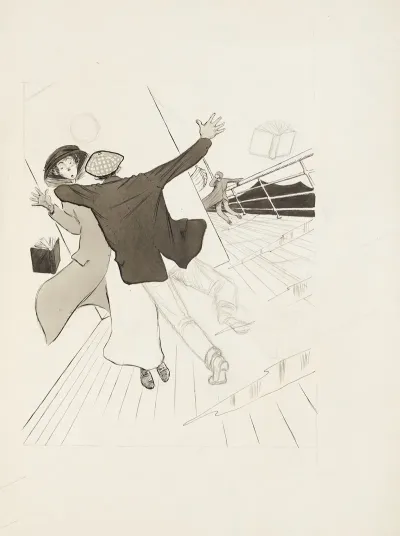 A Man And A Woman On A Ships Deck Run Into Each Other Both Dropping A Book As The Deck Tilts