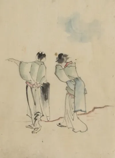 A Man And A Woman Seen From Behind Are Looking To Where The Man Is Pointing With His Left Arm