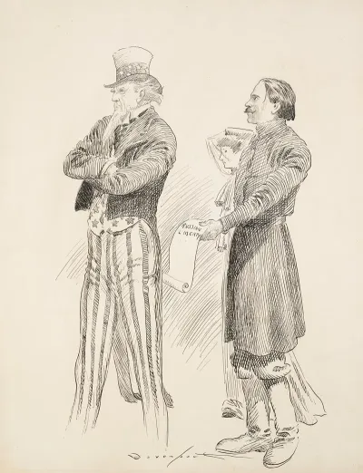 A Man And Woman Try To Give A Scroll Labeled Russian Liberty To Uncle Sam But He Turns His Back And Will Not Take It