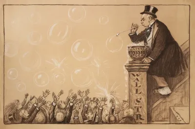 A Man Blows Bubbles From A Solution Of Watered Stock As A Crowd Of Gentlemen Try To Catch Them Before They Pop
