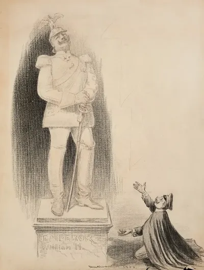 A Man Bows Down To A Statue Of Emperor William Ii Of Germany And Prussia