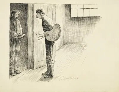 A Man Carrying Paintbrushes And A Palette Answers The Door To A Man With His Hat In His Hands