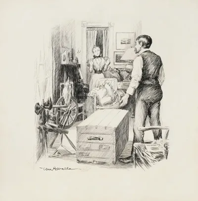 A Man Confronts A Woman Standing At A Piano In A Room With Crowded With Furniture Including A Spinning Wheel