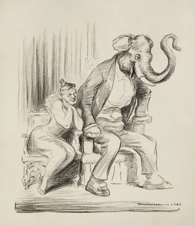 A Man Depicted As A Woman Tries To Flirt With The Republican Party Elephant But The Elephant Moves Away