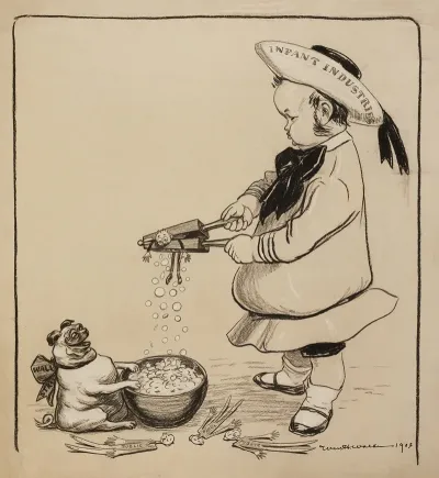 A Man Dressed As A Child Representing Infant Industries Squeezes Small Men Representing The Public To Make Money Fall Out Of Them