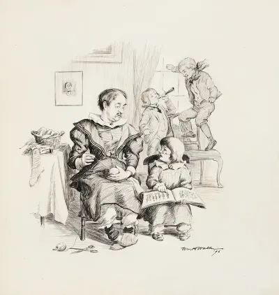 A Man Dressed As A Woman Darns Socks And Watches A Little Boy His Son Who Is Looking At A Fashion Book Behind Them Two Girls Play