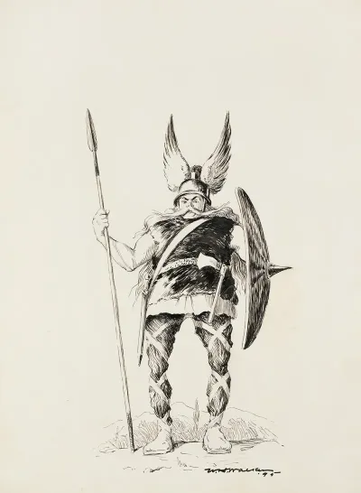 A Man Dressed In Furs With A Spiked Shield Spear And Winged Helmet