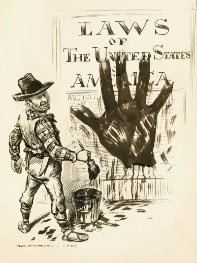 A Man Dressed Like A Westerner Paints A Large Black Hand On The Laws Of The United States