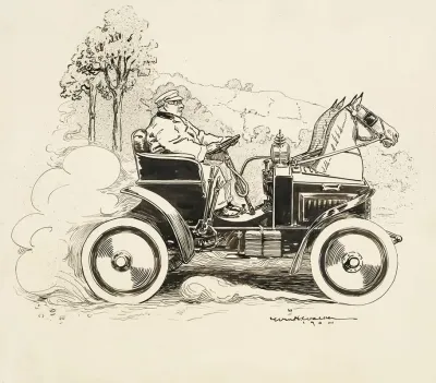 A Man Drives A Car With Two Horse Heads On The Front To Make It Look More Like A Carriage