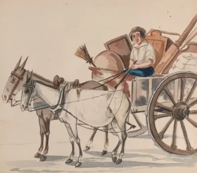 A Man Driving A Cart Pulled By Mules