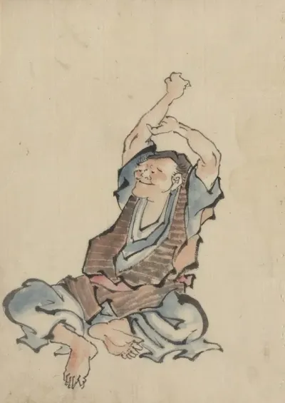 A Man Facing Left Wearing Several Layers Of Clothing Sitting With Arms Raised Over His Head Practicing Yoga