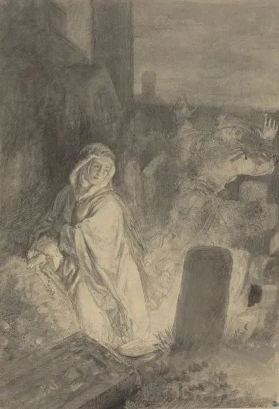 A Man Fleeing From A Nun Praying In A Cemetery