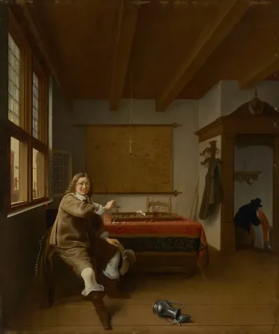 A Man Holding An Overturned Wine Glass In An Interior With Two Servants Kissing In A Doorway Beyond