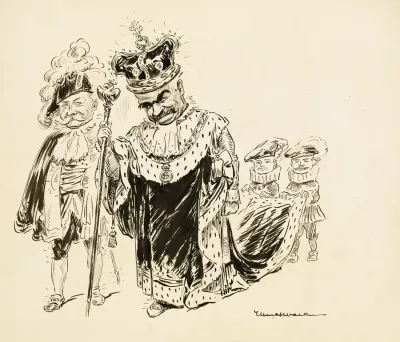 A Man In A Crown And Robes Both Decorated With Dollar Signs And A Scepter With The American Eagle On Top