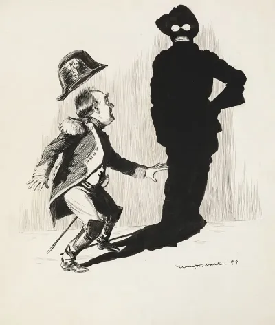 A Man In A Military Uniform Mac Is Scared By His Shadow Which Is Shaped Like Another Man And Looks At Him Sternly