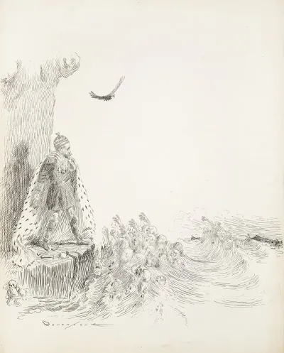 A Man In A Robe With Military Metals Stands On The Edge Of The Water
