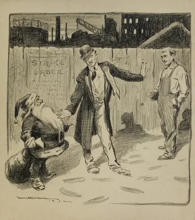 A Man In A Suit A Walking Delegate Keeps Santa Claus From Approaching A Striking Worker Outside Of A Factory