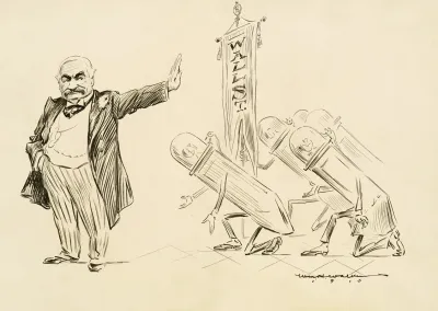 A Man In A Suit Rejects Several Bowing Figures Representing Wall Street