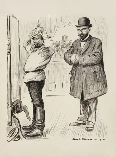 A Man In A Suit Stinnes Watches As Lenin Tries On A Military Helmet In Front Of A Mirror