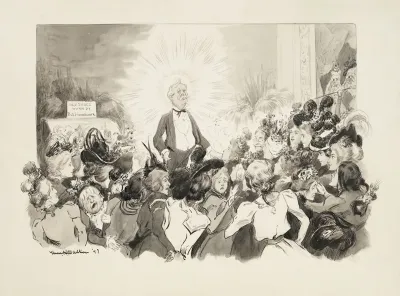 A Man In A Suit With A Halo Causes A Group Of Ladies To Either Admire Him Or Argue With Each Other