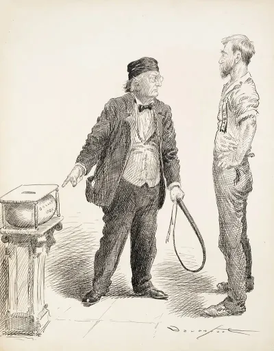 A Man In A Suit With A Whip In His Hand Orders A Man Representing Labor To Put His Vote In The Ballot Box