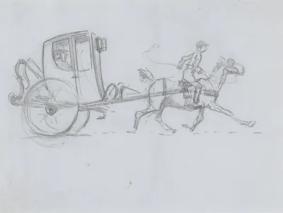 A Man In An Enclosed Carriage Being Pulled By A Horse With A Rider