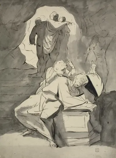 A Man In Despair Over A Tombstone In A Cave With Other Figures