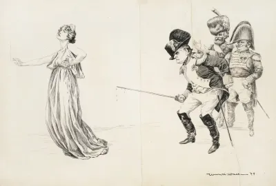 A Man In Military Uniform Cheered On By Two Others Stabs A Woman Representing The Civil Service With His Sword