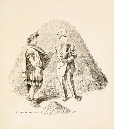 A Man In Roman Robes And A Man In A Suit With A Lamp On His Head Stand Before A Mountain Of Coins