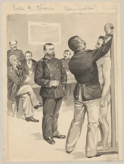 A Man Is Being Examined He Is Naked And Is Being Measured And Weighed While A Panel Of Military Personnel Watches