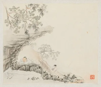 A Man Lies Under A Rocky Overhang A Boy Stands To His Right
