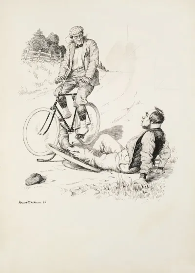 A Man On A Bicycle Looks Down On A Man Who Has Fallen Off Of His Unicycle