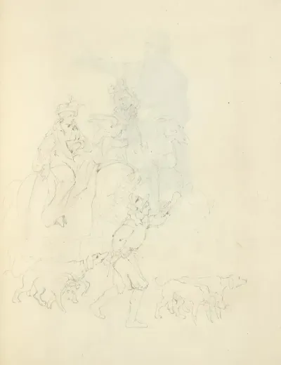 A Man On Horseback With A Falcon A Man On Foot And Four Dogs