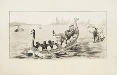 A Man Relaxes In A Boat Full Of Money Which Resembles A Viking Ship