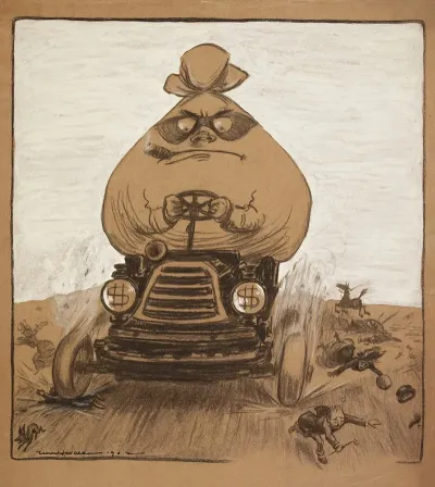 A Man Represented As A Large Bag Of Money With A Robber Mask Knocks Over Small People With His Car