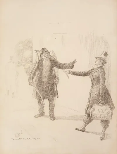 A Man Representing The 20th Century Is Stopped By Father Time From Entering A Party Celebrating The New Year In 1900