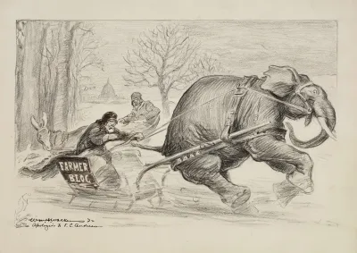 A Man Representing The Farmer Bloc Is Pulled Swiftly In A Sleigh By The Republican Party Elephant