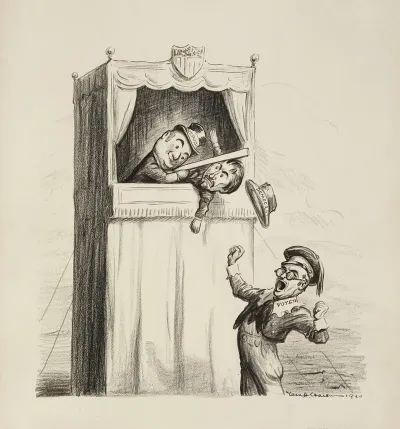 A Man Representing Voters Depicted As A Young Boy Yawns And Watches A Puppet Show