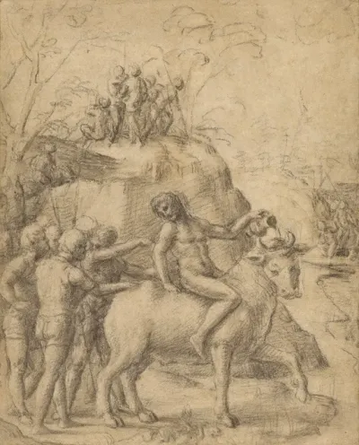 A Man Riding A Bull And Other Figures