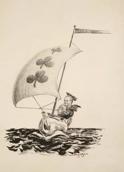 A Man Sailing A Boat Made Up Of A Tea Pot And A Three Of Clubs Card For A Sail With A Lipton T Flag On Top