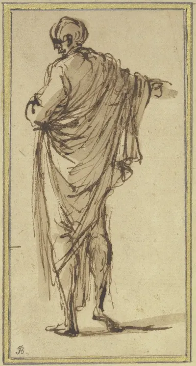 A Man Seen From The Rear Points To The Right