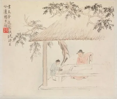 A Man Sits At A Table Before An Open Scroll A Boy Mixes Ink