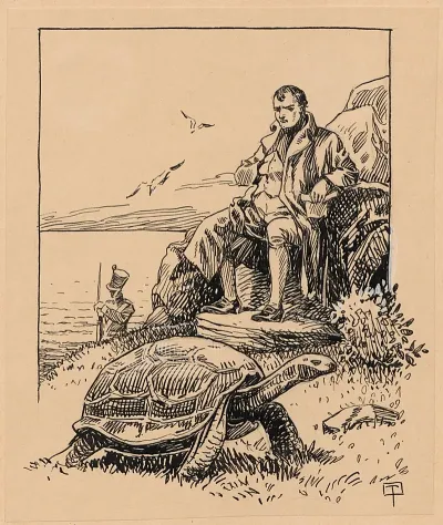 A Man Sits On A Rock And Observes A Turtle