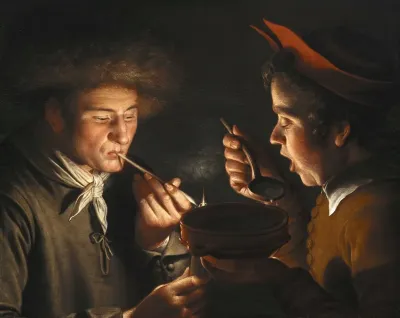 A Man Smoking And Another Man Eating By Candlelight