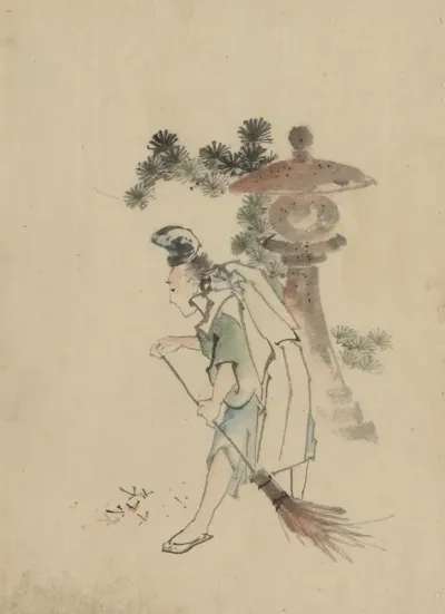A Man Sweeping Pine Needles That Have Fallen From A Tree Near A Stone Shrine