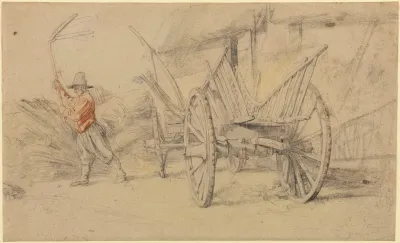 A Man Threshing Beside A Wagon Farm Buildings Behind